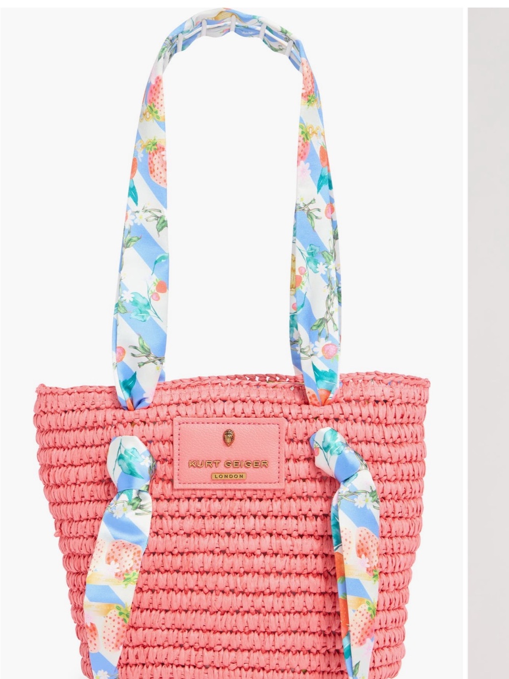 Kurt Geiger Small Raffia Woven Tote Pink/ Coral with Floral Scarf Handles - Picture 1 of 6